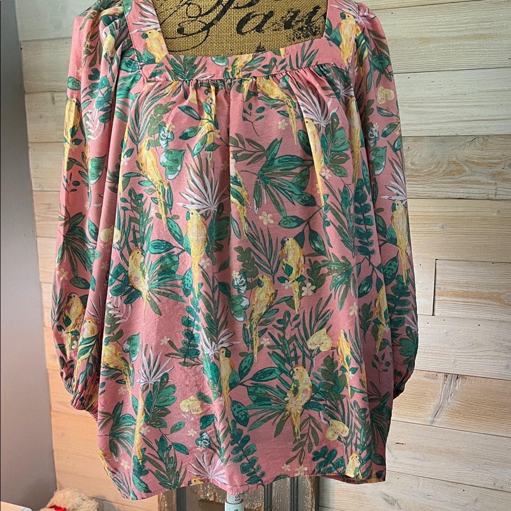 LC Lauren Conrad Pink Tropical Parrot Print Square-Neck Blouse